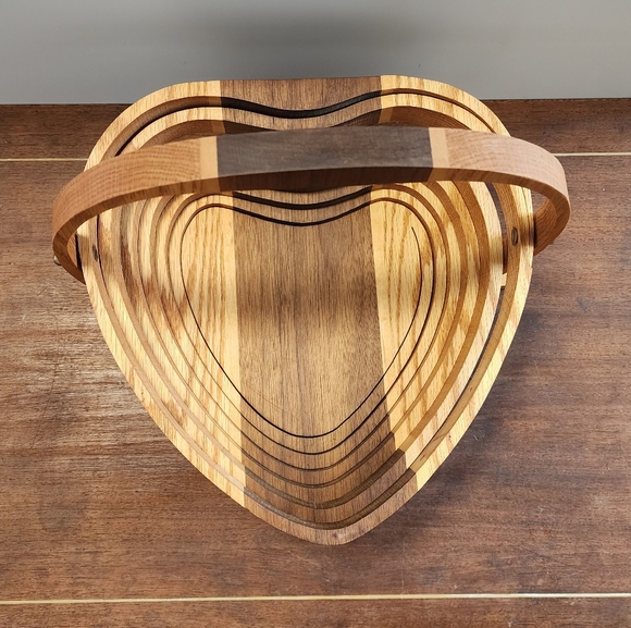 Handmade Vintage Heart Suspended Spiral Wood Folding Basket, Spring Folk Art - Picture 3 of 6